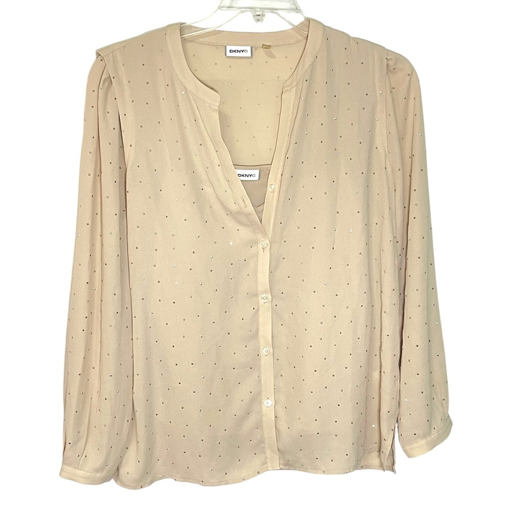 DKNYC Size M Beige Button Down‎ Blouse Rhinestone Embellished Chiffon Elegant